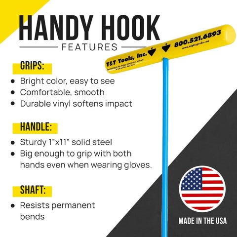 36 Inch Hand Hook With Three Eighths Inch Round Pump End Multipurpose Lifting Tool with bright yellow grip and blue shaft
