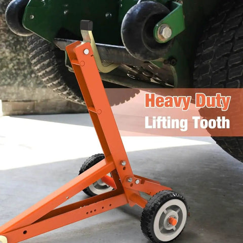 800 Lb Lawn Mower Lift With Mechanical Lift And Safety Arm in use with a zero turn mower, durable orange frame visible