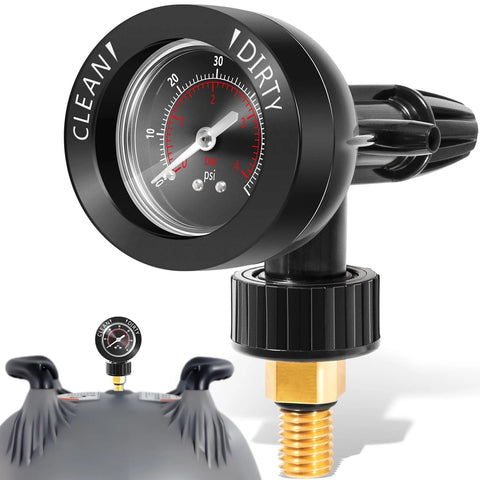 Brass air relief valve with pressure gauge mounted on a pool filter, front view