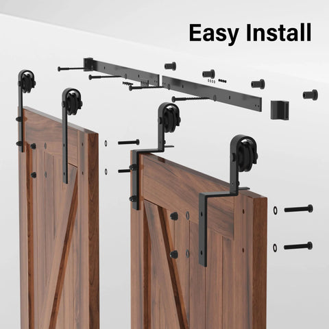 Heavy Duty Barn Door Hardware Kit For Double Bypass Doors 10Ft Single Track With Antique Roller installation diagram