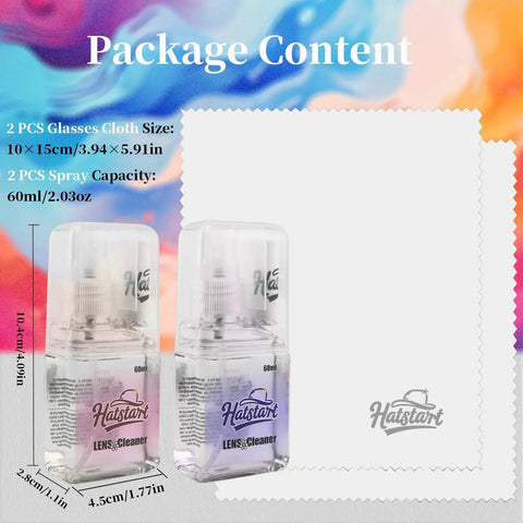 Two Pack Travel Eyeglasses Cleaner Spray Kit With Microfiber Cloths For Screens, showing 60ml bottles and cloth sizes