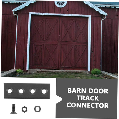 Heavy Duty Sliding Barn Door Track Connector Hardware Kit For Mending Plates And Straight Braces Beefy Track Connecting Brackets No Fuss Easy Installation Durable Hardware For Farmhouse Doors pictured with a red barn door in a rustic setting.