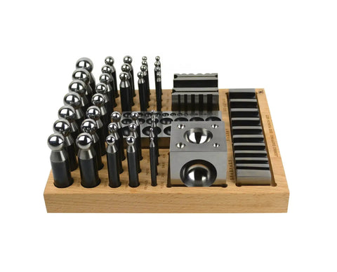 Pro Grade Steel Dapping Doming Punch Set With Wooden Base For Jewelry Making And Metal Forming, 36 punches, cube die on stand