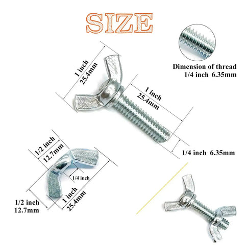 30 Piece Assortment Grab-And-Go Wing Nut And Wing Screw Kit With 1/4-20 Butterfly Screws And Nuts with size dimensions