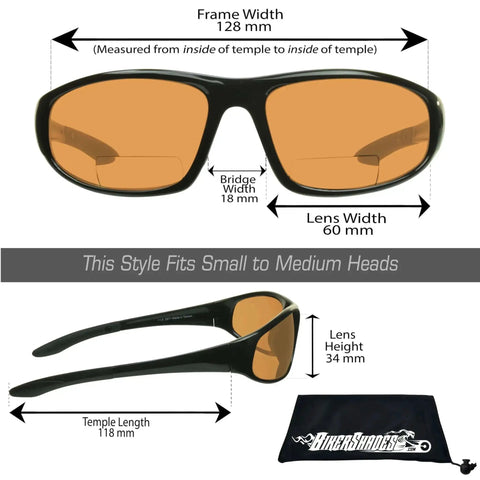 Go-To Wraparound Bifocal Safety Sunglasses For Cycling, Driving, Golf, And Outdoor Work, Reader Glasses With 2.00 Diopter, ANSI Z87.1 Impact Resistant Polycarbonate Lenses In Black Frame, Sharp Vision And Eye Protection On The Go with dimensions and measurement details.