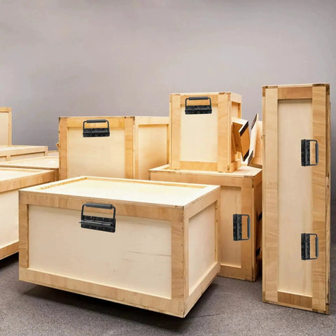 Wooden storage crates with stainless steel chest handles set of 12 spring loaded case handles for cabinets, wardrobes, and music equipment enclosures.