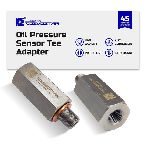 Oil pressure sensor tee adapter by Cosmostar, stainless steel 1/8 in NPT, 304 SS fittings pair for gauge and turbo feed
