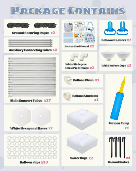 Contents of Six In One Balloon Arch Stand Kit With 10.8ft Adjustable Columns including ropes, tubes, bases, and pump