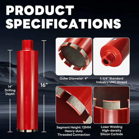 Premium 4 Inch Wet Core Drill Bit For Hard Concrete With High Density Diamond And Precision Welded Segments Delivers 30 Percent Faster Drilling 14 Inch Depth 7 UNC Thread Pro Grade For Concrete Rebar Masonry Brick And Asphalt, showing red cylindrical bit with specification details.