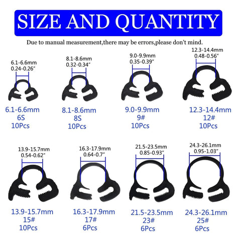 Heavy Duty Ratcheting Hose Clamp Set 6.1 To 26.1 Mm Adjustable Nylon Plastic Double Snap Grip 8 Size Kit With 68 Pieces Black Corrosion Resistant Construction For Automotive Marine And Home DIY Applications shown in size chart.
