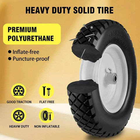 Flat Free Solid Tire And Wheel Set Two Pack 4.80 4.00 8 Inch for wheelbarrows with puncture-proof solid polyurethane construction.