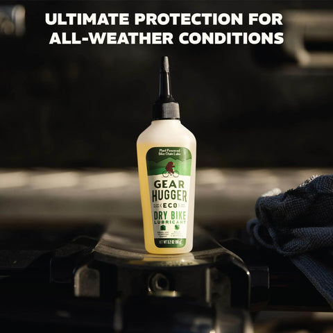 Plant Powered Bike Chain Lubricant 3.2 Oz Pack Of 1 bottle on bicycle part, eco-friendly, no Teflon, suitable for all weather.
