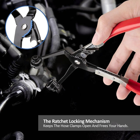 Close-up of Nine Piece Hose Clamp Pliers Set for Automotive Clamp Removal and Replacement in use on engine hoses.