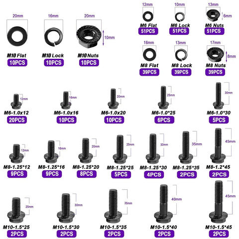 400 Piece Metric Flange Bolt Set With 10.9 Grade M6x1.0 M8x1.25 And M10x1.5 Bolts From 12mm To 45mm Black Zinc Plated Hex Bolts Nuts And Washers