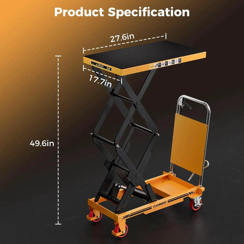 Hydraulic Lift Table Cart 330 Lb Capacity 49.6In Lift Height Non Slip Pad with carbon steel and PU wheels, product specifications.