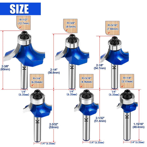 Roundover Router Bit Set With 1/4 Inch Shank Pro Grade Carbide Tip 2 Flutes Radii 1/8 Inch 3/16 Inch 1/4 Inch 5/16 Inch 3/8 Inch 1/2 Inch Bearing Guide For CNC Woodworking And Edge Forming