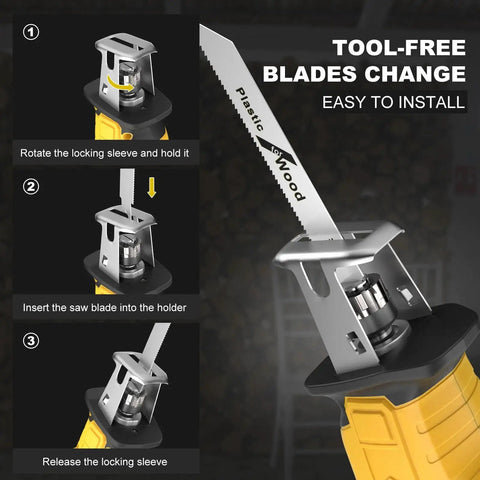 Cordless Reciprocating Saw Kit With 4 Blades For Wood Metal PVC Compatible With Dewalt 20V Batteries, showing tool-free blade change steps.