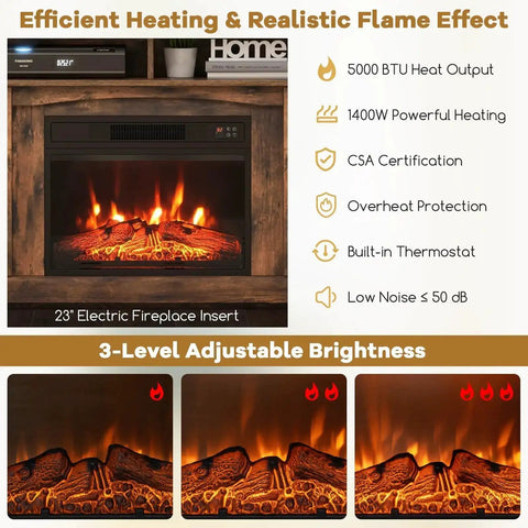 Electric Fireplace TV Stand For 65 Inch TVs With 23 Inch Insert 3 Level Flame Remote Control Hidden Storage Cabinet Brown Modern Media Console For Living Room Go To Cozy Vibes showing heating features