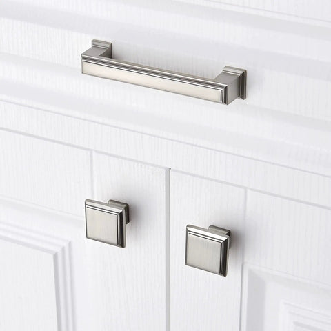 Long Cabinet Handle Set 10 Pack Brushed Satin Nickel Die Cast Zinc Solid Metal Drawer Pulls on white cabinet doors