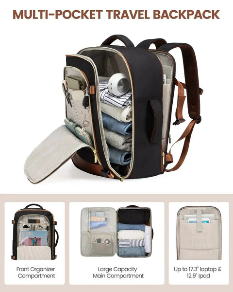 Multi-pocket backpack open showing interior compartments for organization, part of the Airline Ready Luggage Set With Rolling Suitcases And 40L Laptop Backpack LoveVOOK 5 Piece Carry On Luggage Set Includes 22x14x9 Carry On And 20 Inch Carry On With Wheels TSA Lock Weekender For Women And Men.