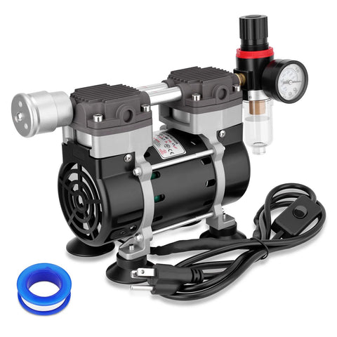 Oil-free lab vacuum pump, 50 L/min, two ports, pressure gauge, silencer, switch, 110V, rubber feet.