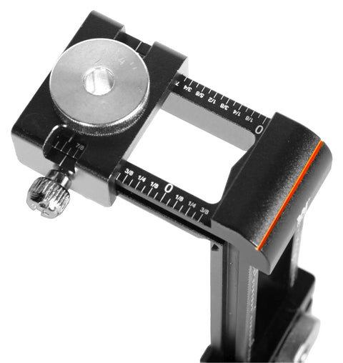 Close-up of Universal Deluxe Cross Dowel Jig And Drill Guide Kit showing precision adjustment scale and knurled locking knob.