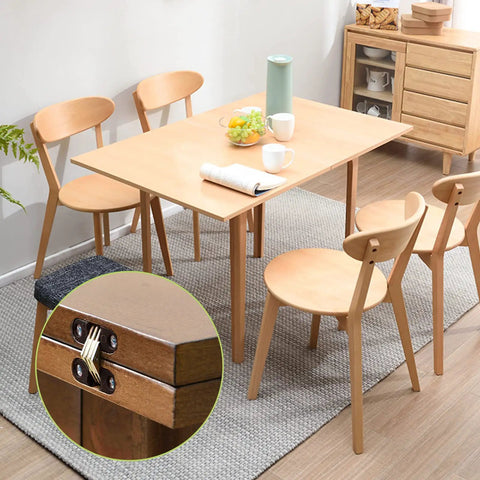 Dining table with four wooden chairs and inset showing Hidden Barrel Cross Hinges 6 Pack for Cabinets and Tables, 180 Degree Concealed Folding Hinge, Durable Plastic and Metal Construction, Invisible Hardware to Keep Your Furniture Sleek and Sturdy by UFURMATE.