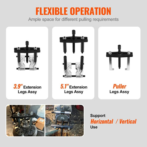 14 Piece Bearing Puller Kit With 5 Ton Capacity, showing flexible operation with 3.9" and 5.1" extension legs and puller legs assembly.