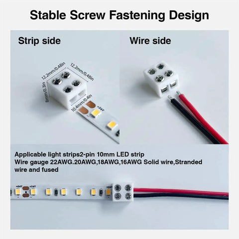 30 Pack Solderless LED Tape Light Connectors With Screw Terminal Blocks 2 Pin 10mm, Includes Screwdriver, Wire To COB Strip Connector, For 5V 12V 24V Monochrome Low Voltage LED Strips, IP65 Waterproof, Quick Easy Install, showing stable screw fastening design.