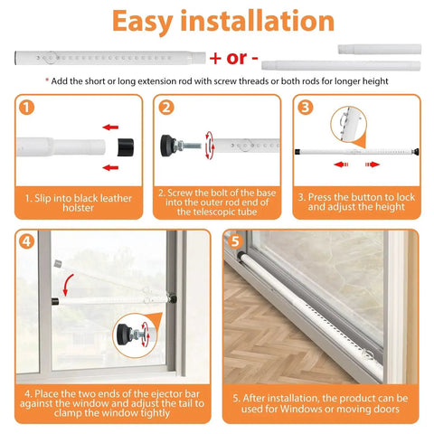 Installation steps for Two Pack Adjustable Sliding Door And Window Security Bar 18 To 51 Inches Extendable Inside Mount White For Sliding Doors And Windows Two In One Security Rod Enhances Home Security And Prevents Breakins