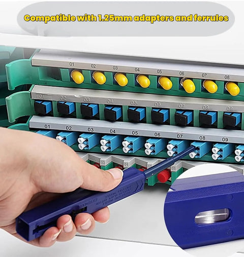 Mexture LC fiber cleaner pen in blue being used to clean 1.25mm LC connectors on a multi-slot adapter panel.