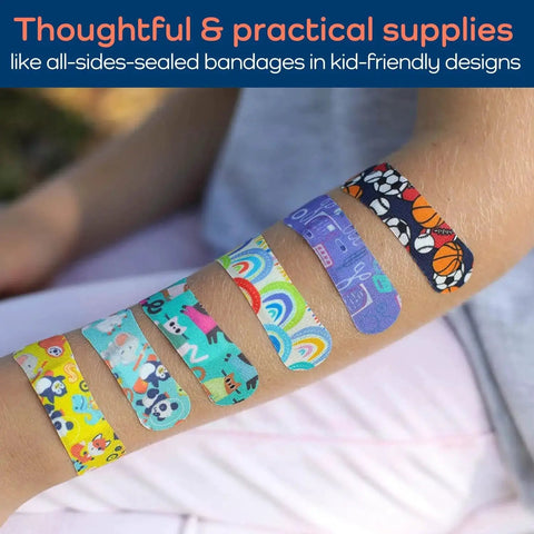Child's arm with colorful latex-free bandages from All In One Large First Aid Kit For Kids And Family Ready For Home Car Dorm And Boat.