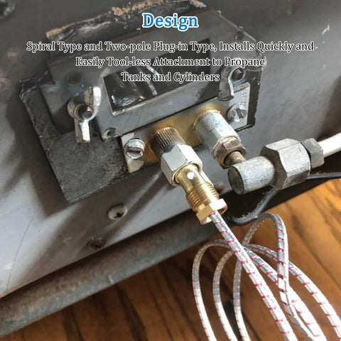 Gas fryer thermopile and 2-wire thermocouple assembly with brass fittings and braided white leads.