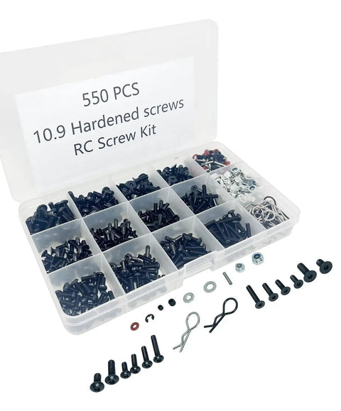 Universal RC Screw Kit With 550Pcs Screws Assortment Set in clear storage box for RC cars, trucks, buggies, crawlers.