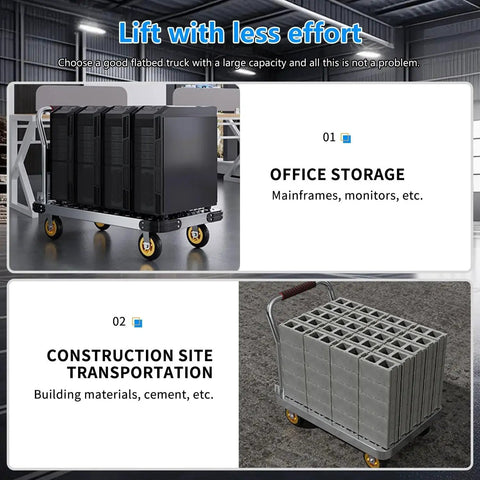 Foldable Platform Truck Push Dolly Heavy Duty 2000 Lb Capacity With Brake And 6 Inch 360 Degree Swivel Wheels shown with office and construction items.