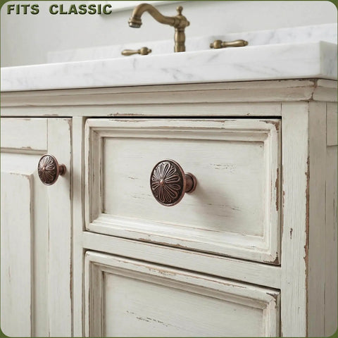 Antique Copper Kitchen Cabinet Knobs Set For 1.4 Inch Cabinets shown installed on vintage white cabinet drawers, solid zinc alloy.