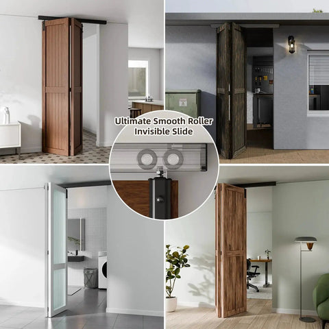 Ceiling-mounted 40 Inch Box Rail Hardware For Bifold Sliding Barn Door Track Kit shown installed with nylon wheels.