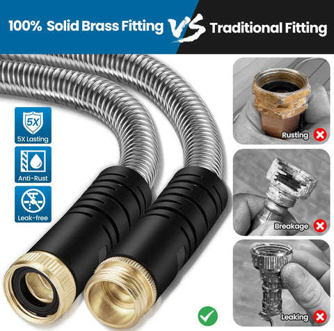Garden hoses (2) 100 ft stainless-steel braided with brass end fittings and black ergonomic connectors