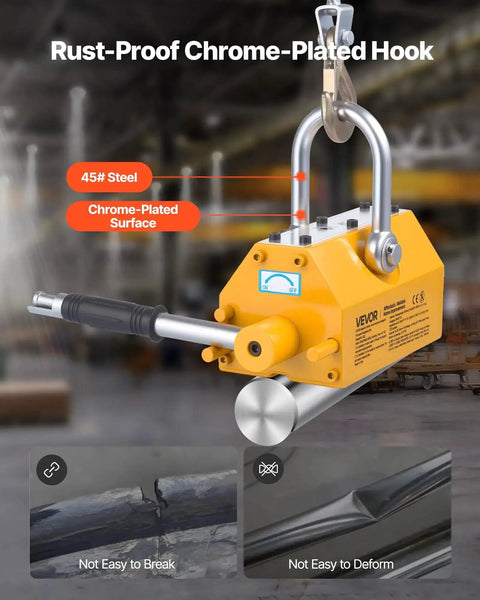 Rust-proof Permanent Magnetic Lifter N42 Neodymium 1320 Lb Capacity with release handle and steel hook in a workshop setting.