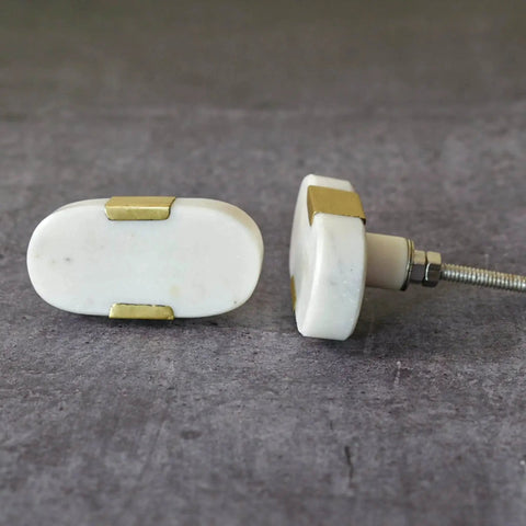 Oval Stone And Brass Knob Set For Drawers And Cabinets 1.5 Inch Natural Stone Knobs With Brass Mount Gold White Finish Set of 6