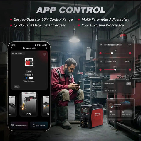 9 In 1 MIG TIG Stick Plasma Cutter Welding Machine With App Control shown in garage setting with smartphone app interface