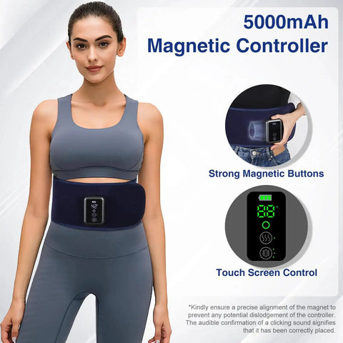 Woman wearing Cordless Back Massager Belt With Red Light Therapy For Pain Relief, featuring magnetic controller in blue.