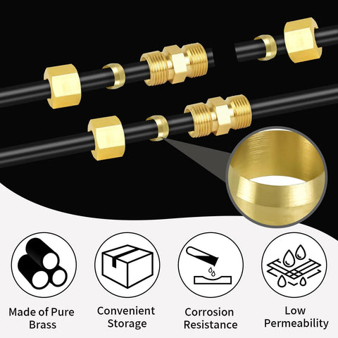 MuHize brass compression sleeves and ferrules, 5/8 in OD, 50-piece set on black tubing; corrosion-resistant gold fittings
