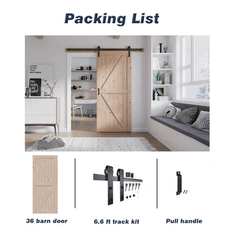 36 Inch By 84 Inch Wood Barn Door With Six Point Six Feet Hardware Kit Included K Shape Solid Spruce Panel Interior Sliding Door For Home Or Office Rustic Modern Look Easy Assembly Smooth Quiet Track System Durable Construction installed in a modern living room with a packing list illustration.