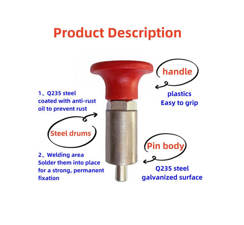 Heavy Duty Spring Loaded Pull Pins With Welded Barrel Red Handle And Screw Lock Steel Spring Plungers And Dowel Pins Diameter Four Tenths Inch Ten Millimeters Barrel Length About Forty Millimeters Easy Grip For Quick Latched Connections showing red handle and steel barrel.