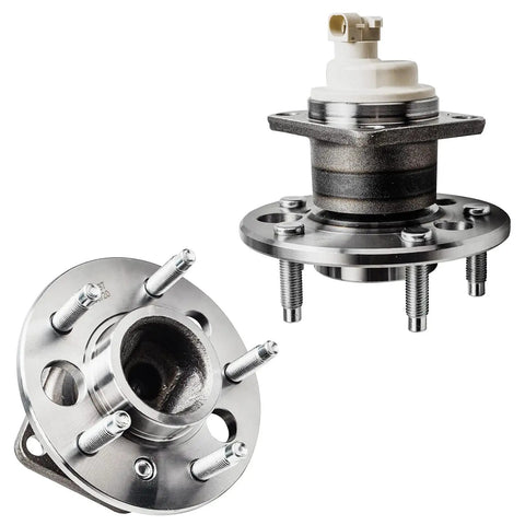 Four Wheel Bearing Hubs Front And Rear Replacement Set For 2000 To 2013 Chevrolet Impala 2003 To 2008 Pontiac Grand Prix 2005 To 2009 Buick LaCrosse With ABS Ready To Roll showing front and rear hub assemblies with ABS sensor mount.