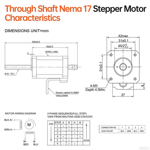 Diagram of Through Shaft Nema 17 Stepper Motor for 3D printers and CNC machines, showing dimensions and wiring schematic.