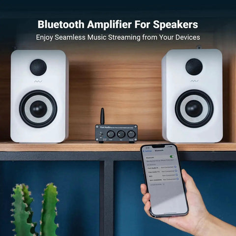 Bluetooth Stereo Amplifier 100W Per Channel, 2 Channel Class D Power Amp with smartphone, white speakers on shelf