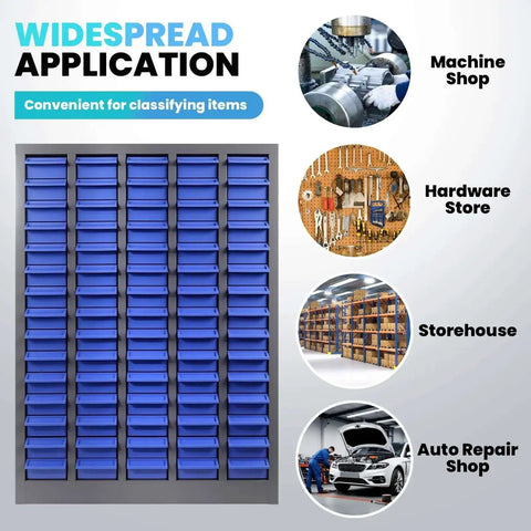 75 Drawer Bolt Bin Organizer With ABS Drawers for nut and bolt storage, shown with application examples in various shops.