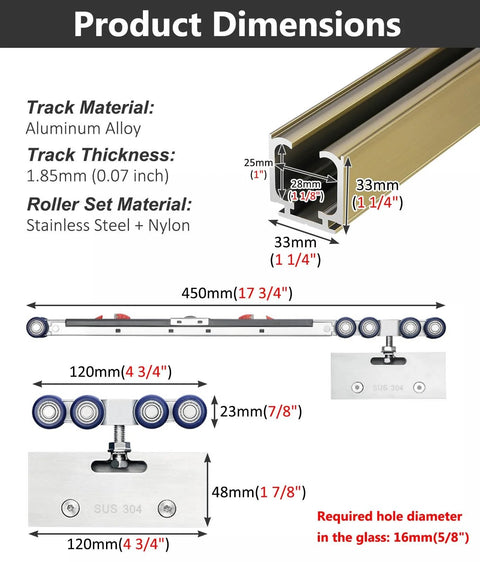 Product dimensions for Dual Soft-Close Frameless Glass Sliding Door Track System With Wall Mount Pocket Hardware Kit.